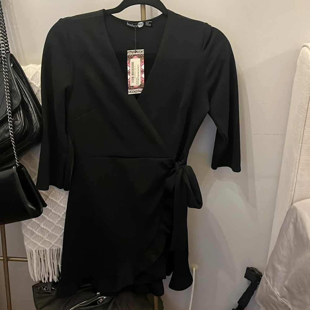 Boohoo black “wrap” dress